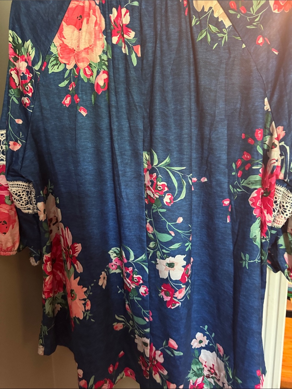 Floral Lace-Trim Navy Peasant Top - Blue/Pink - Picture 6 of 7